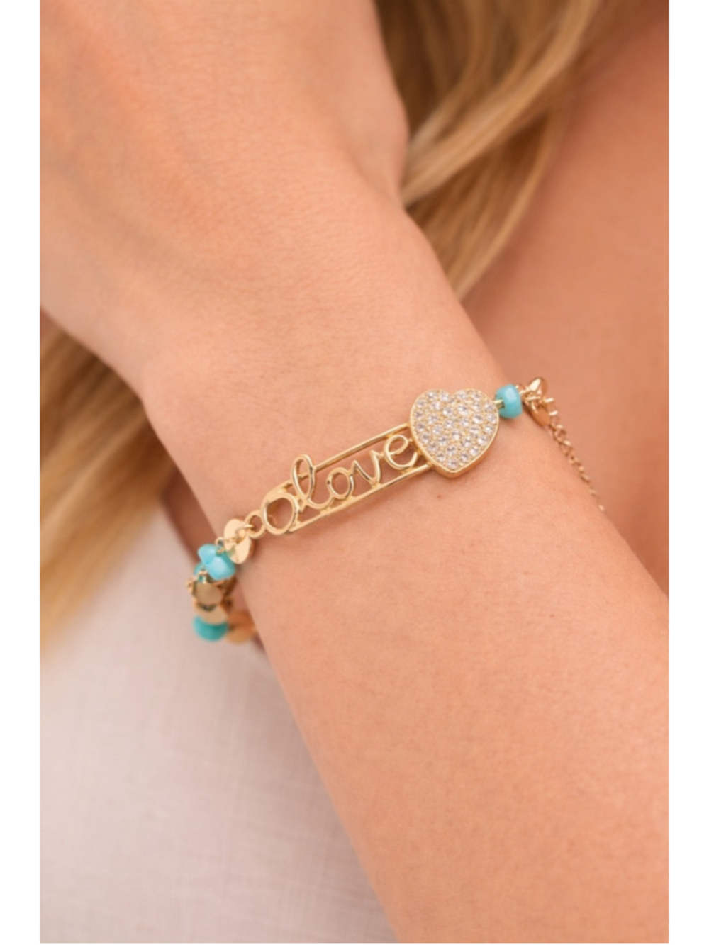 14K Gold Plated Women's Turquoise Love "Heart" Bracelet New